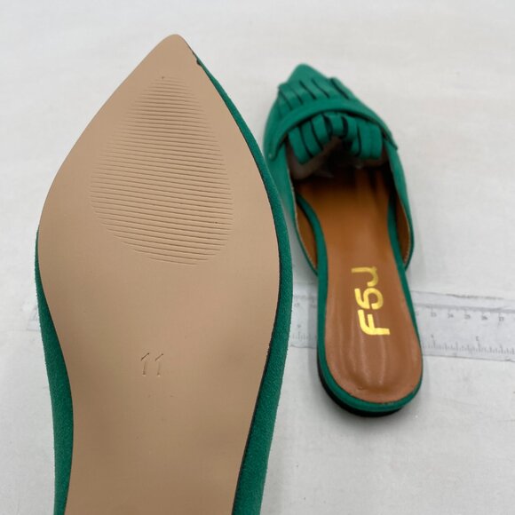 FSJ Womens Tassel Flat Mules Closed Pointed Toe, Loafers Backless Green Suede - Picture 5 of 7